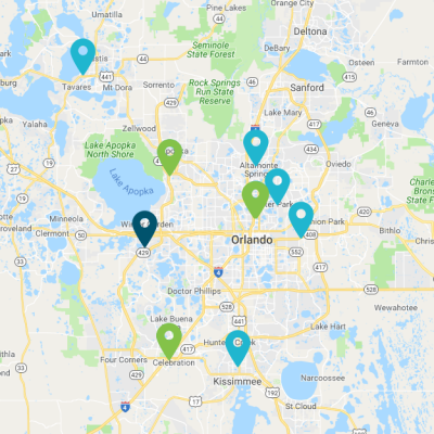 a map of central florida with location pins on it.